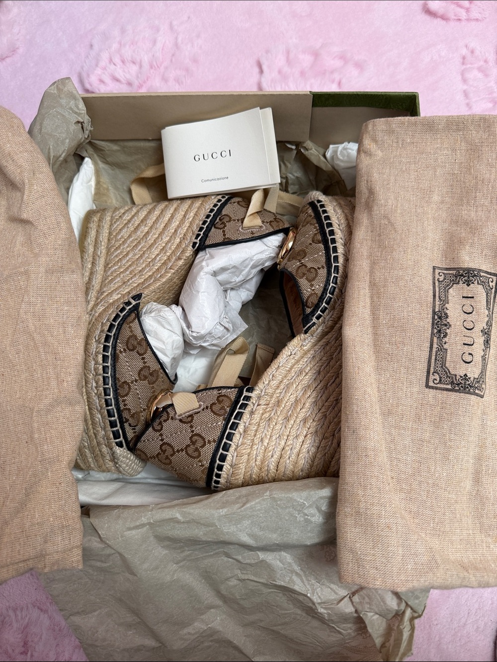 Gucci Brown GG Canvas Wedge Espadrille Sandals , authentic comes with 2 dust bag